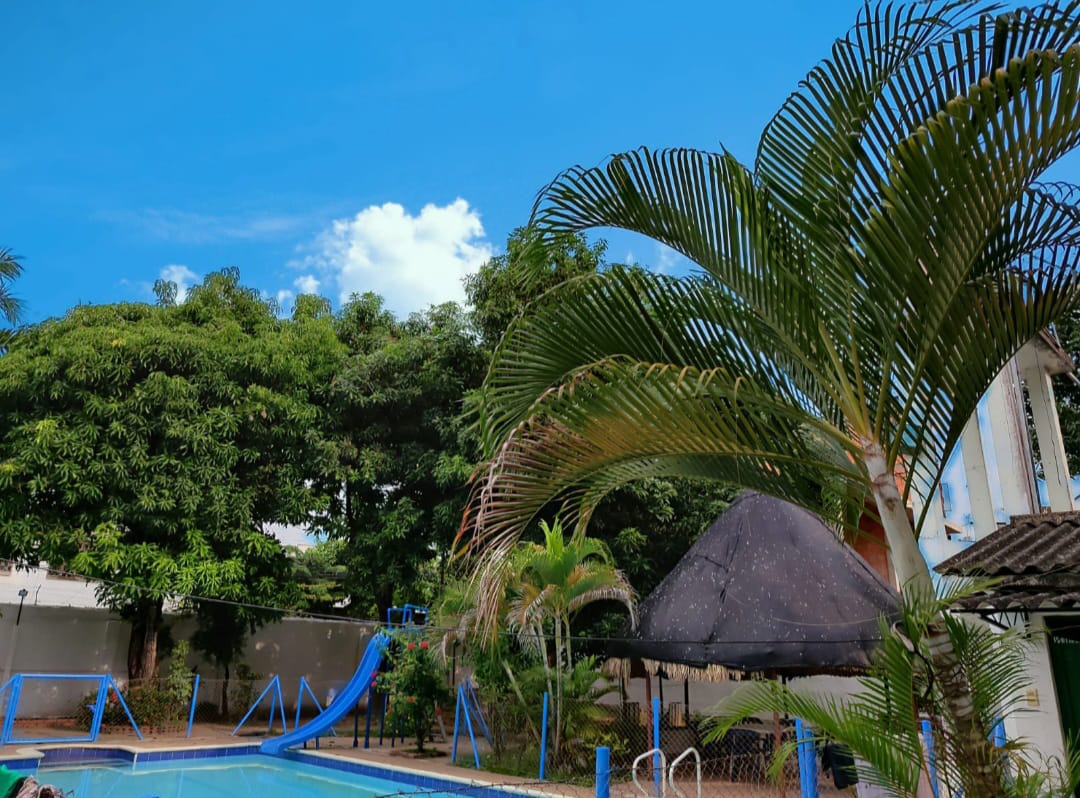 Piscina con tobogán azul